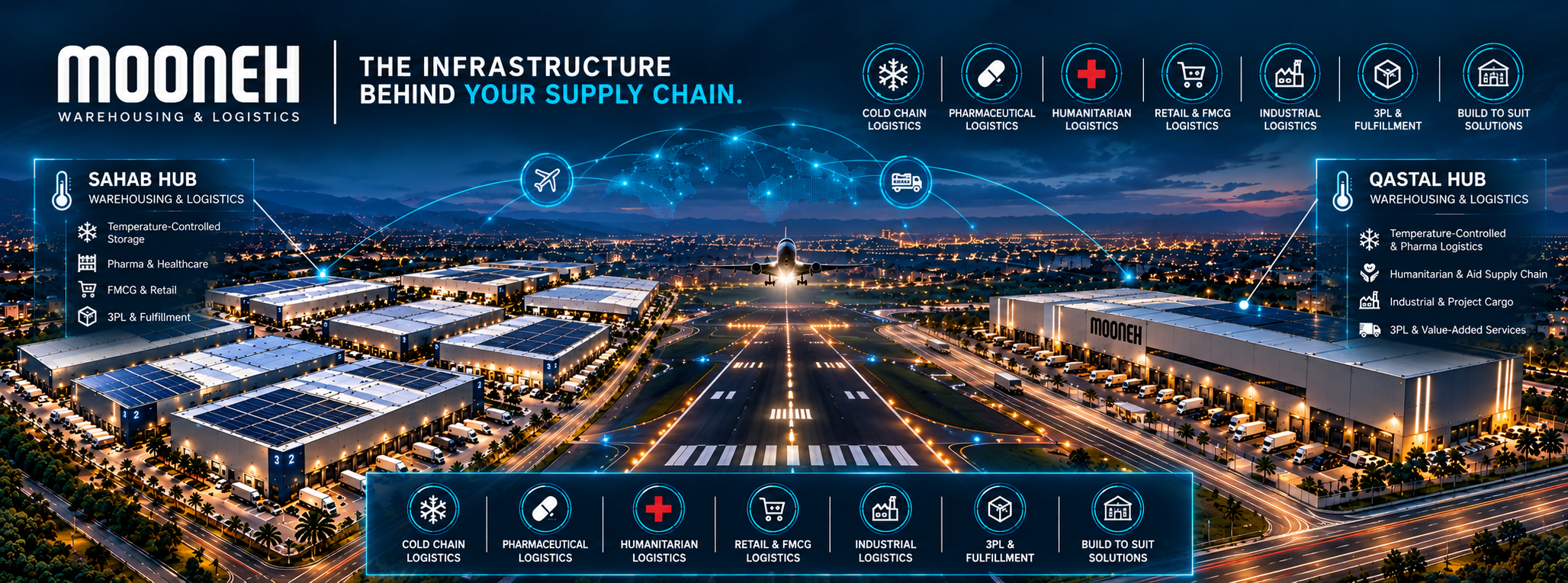 Mooneh logistics network visual showing the Sahab and Qastal hubs connected across warehousing and logistics services